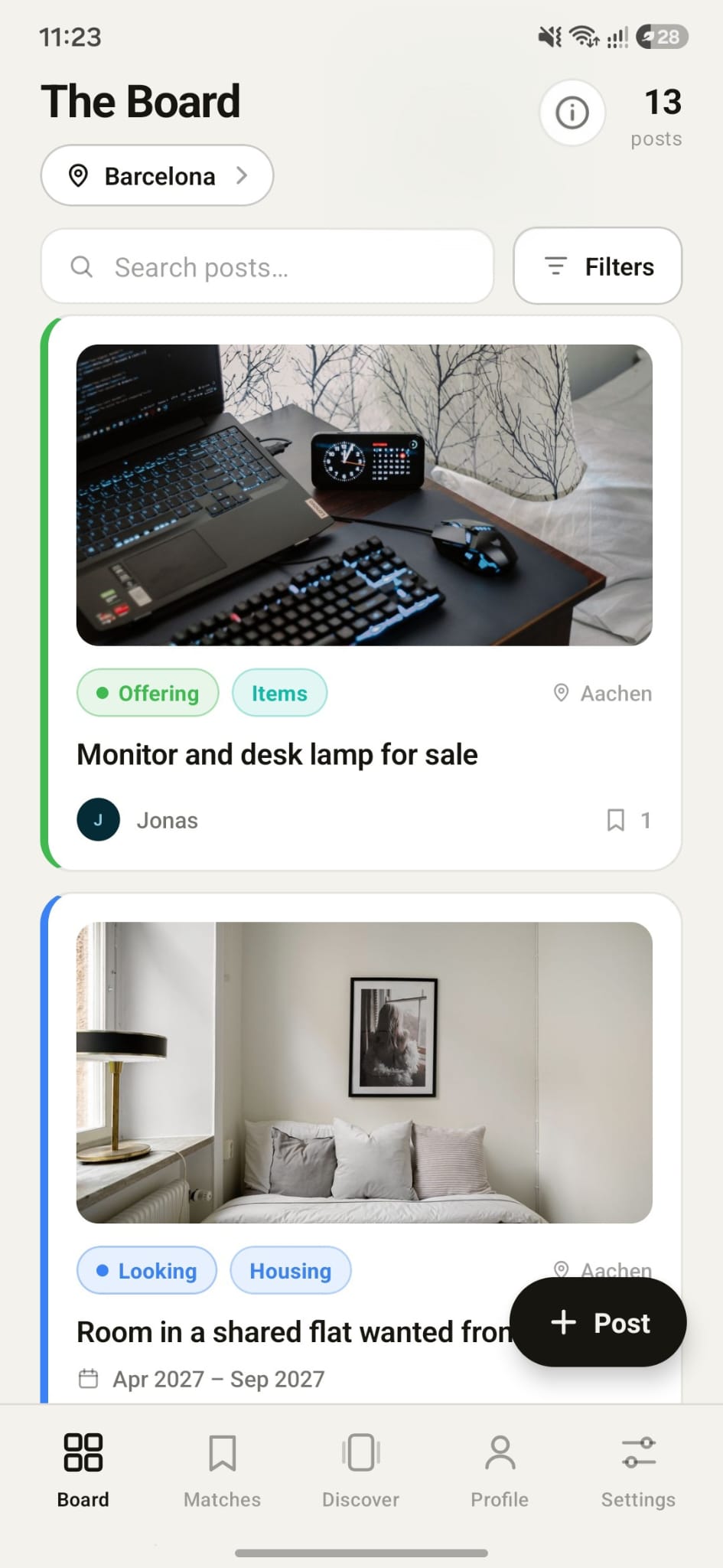 Erasmus Connect community Board for Barcelona: student posts such as 'Monitor and desk lamp for sale' (Offering · Items) and 'Room in a shared flat wanted' (Looking · Housing), each tagged by type and city, with a Post button.