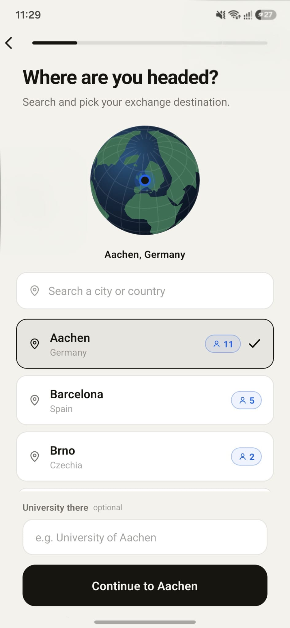 Erasmus Connect onboarding screen 'Where are you headed?' — a globe with a searchable list of exchange destinations (Aachen, Barcelona, Brno) showing how many students are heading to each.