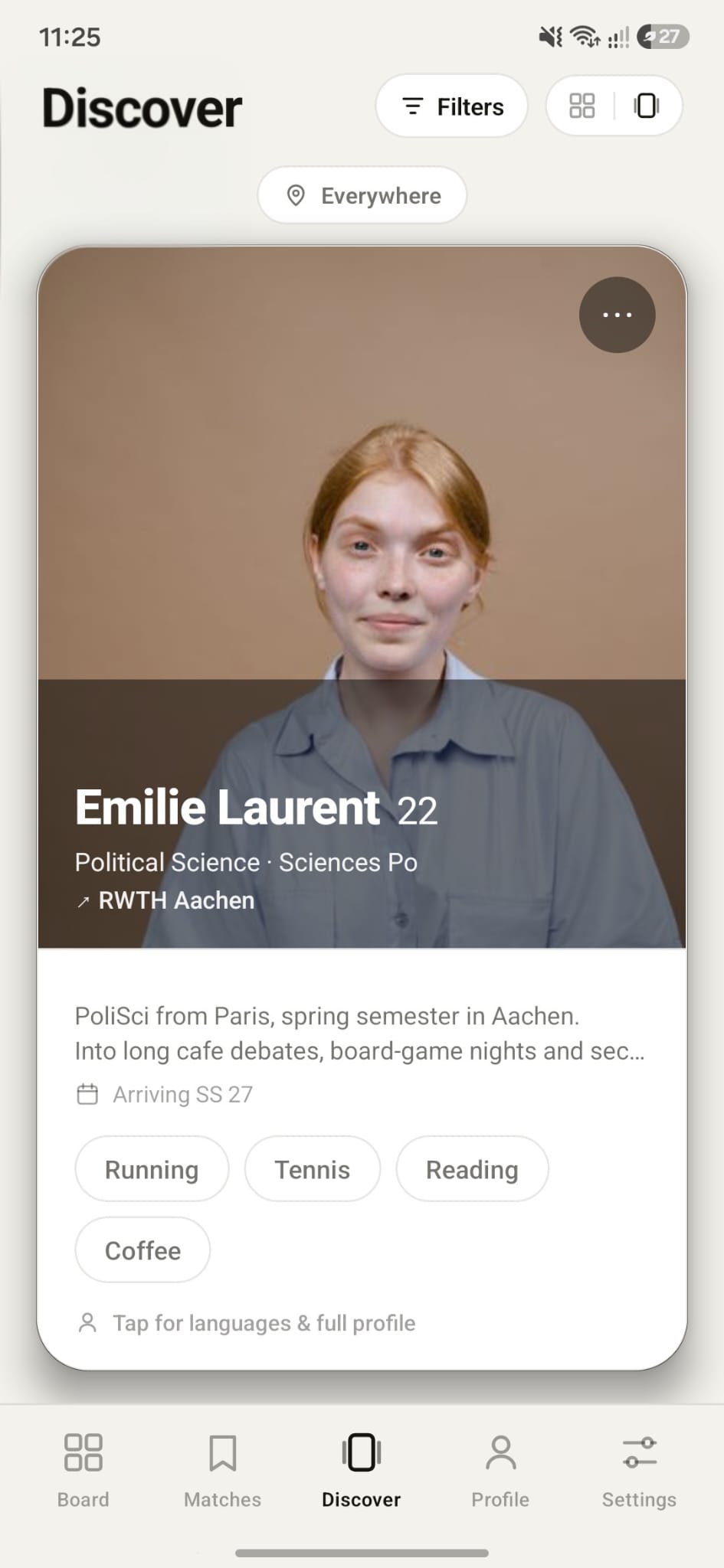Erasmus Connect Discover screen: a swipe card for Emilie Laurent, 22, a Political Science student from Sciences Po heading to RWTH Aachen, with shared interests (Running, Tennis, Reading, Coffee) and a bottom tab bar (Board, Matches, Discover, Profile, Settings).
