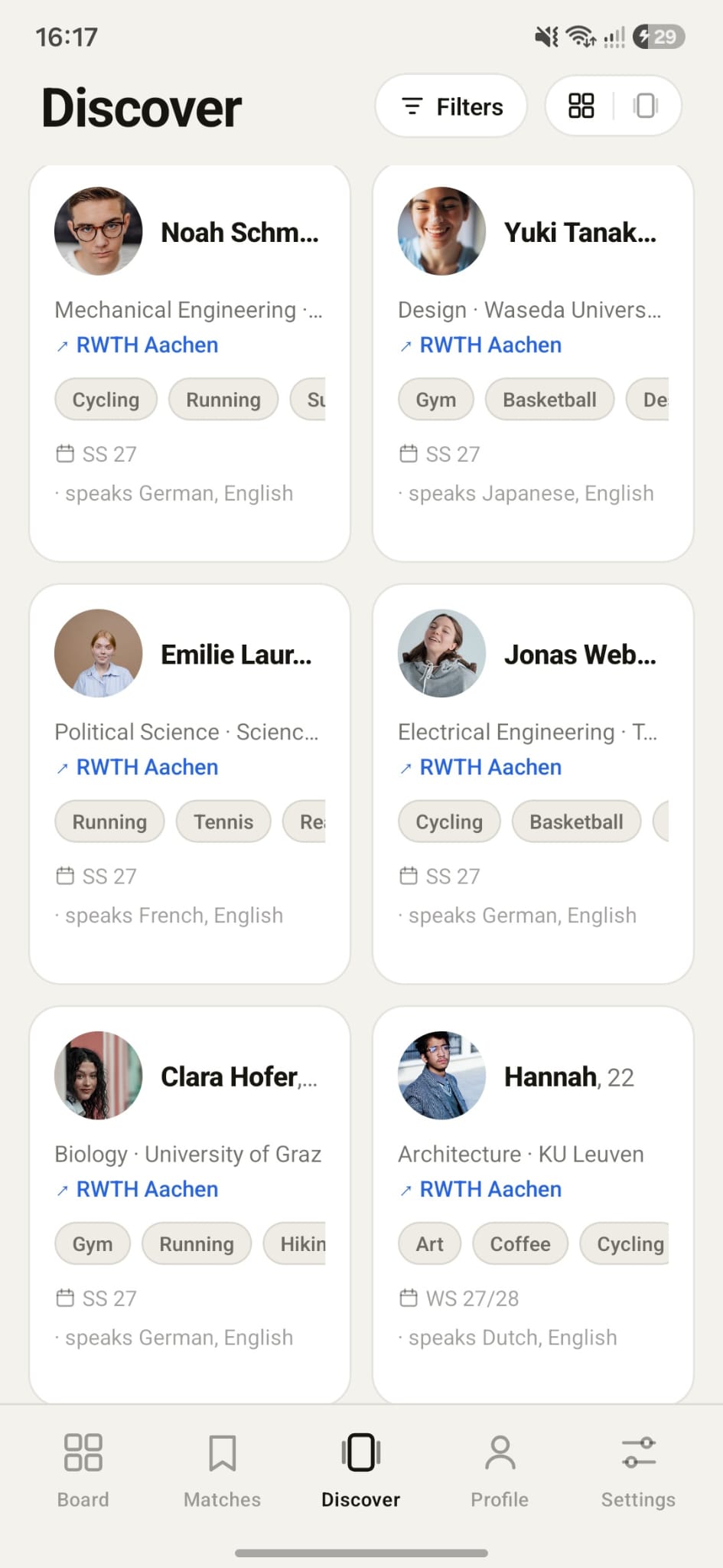 Erasmus Connect Discover grid view: a scrollable grid of student cards (Noah, Yuki, Emilie, Jonas, Clara, Hannah) all heading to RWTH Aachen, each showing course, university, shared interests, semester and spoken languages.